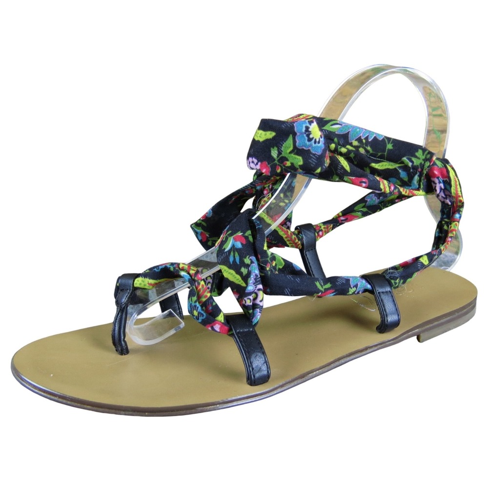 J.Crew Women's 6.5 Black Floral Fabric Sandals Wrap Tie Strappy Flat